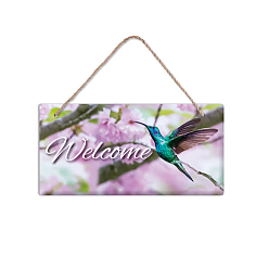 Bird PVC Plastic Hanging Wall Decorations, with Jute Twine, Rectangle with Word Welcome, Colorful, Bird Pattern, 15x30x0.5cm