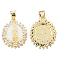 Creamy White Brass Micro Pave Clear Cubic Zirconia Pendants, with Enamel and Shell, Real 18K Gold Plated, Nickel Free, Oval with Virgin Mary, Creamy White, 19.5x14.5x4mm, Hole: 3x4mm
