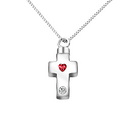 Cross Rhinestone Urn Ashes Necklace, Platinum Brass Pendant Necklace for Women, Cross, 19.69 inch(50cm), Cross: 31x14x8mm