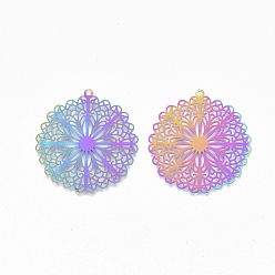 Rainbow Color Ion Plating(IP) 304 Stainless Steel Filigree Pendants, Etched Metal Embellishments, Flower, Rainbow Color, 37x35x0.3mm, Hole: 1.5mm