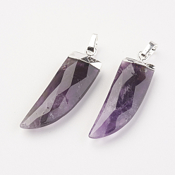 Amethyst Natural Amethyst Pendants, with Brass Findings, Dagger, Faceted, Silver Color Plated, 34~35x10~11x4.5~5.5mm, Hole: 4x6mm