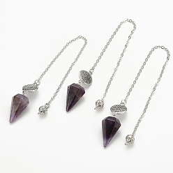 Amethyst Natural  Amethyst Hexagonal Pointed Dowsing Pendulums, with Platinum Plated Brass Findings, Life of Flower & Cone, 240x2x0.1mm