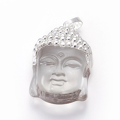 Clear Glass Pendants, with Brass Findings, Buddha Head, Silver Color Plated, Clear, 40x26.5x16.5mm, Hole: 5x8mm