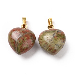 Unakite Natural Unakite Pendants, with Golden Tone Brass Findings, Heart Charm, 18x15~15.5x6~8mm, Hole: 6x3mm