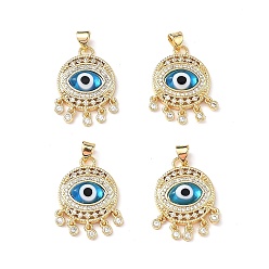 Cyan Lampwork Evil Eye Pendants with Colorful Cubic Zirconia, Real 18K Gold Plated Brass Findings, Lead Free & Cadmium free, Cyan, 25x18x5mm, Hole: 4x3.5mm