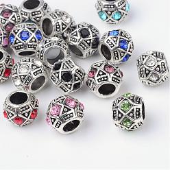 Mixed Color Alloy Rhinestone Rondelle Large Hole European Beads, Antique Silver, Mixed Color, 11x9mm, Hole: 5mm