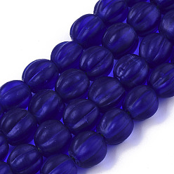 Medium Blue Handmade Frosted Lampwork Beads Strands, Corrugated Beads, Round, Medium Blue, 9.5~10.5x10.5mm, Hole: 1.2mm, about 80pcs/Strand, 31.89 inch