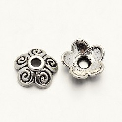 Argent Antique Style tibétain 5 alliage de zinc -petal caps, argent antique, 10x3.5mm, Trou: 2mm