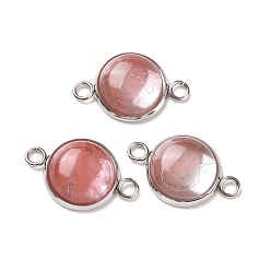 Cherry Quartz Glass Cherry Quartz Glass Connector Charms, Half Round Links, with Stainless Steel Color Tone 304 Stainless Steel Findings, 14x22x5.5mm, Hole: 2mm