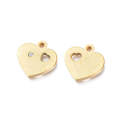 Golden Ion Plating(IP) 304 Stainless Steel Charms, Manual Polishing, with Crystal Rhinestone, Heart, for Valentine's day, Golden, 12.5x11x1.2mm, Hole: 1.8mm