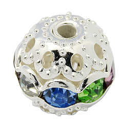 Colorful Brass Rhinestone Beads, Grade A, Round, Silver Color Plated, Colorful, Size: about 10mm in diameter, hole: 1.2mm