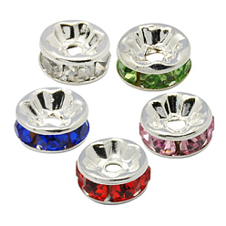 Mixed Color Brass Rhinestone Spacer Beads, Grade A, Straight Flange, Silver Color Plated, Rondelle, Mixed Color, 10x4mm, Hole: 2mm