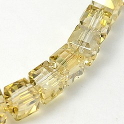 Yellow Electorplated Glass Beads, Rainbow Plated, Faceted, Cube, Yellow, 7x7x7mm, Hole: 1mm