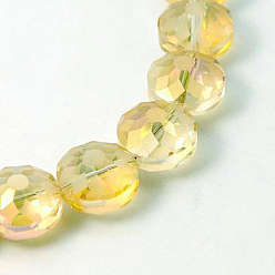 Pale Goldenrod Electorplated Glass Beads, Rainbow Plated, Faceted, Flat Round, Pale Goldenrod, 14x9mm, Hole: 1mm