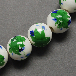 Зеленый лайм Ручной печатный шарики фарфора, круглые, зеленый лайм, 12 мм, отверстие : 2 мм