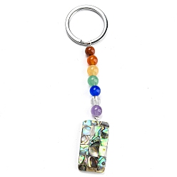 Rectangle Abalone Shell/Paua Shell Keychain, with Alloy Key Rings and Chakra Gemstone Beads, Rectangle, 10.1cm, pendant: 76x15x6.5mm