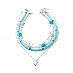 Platinum 4Pcs 4 Style Alloy Heart Pendant Necklaces Set, with Tortoise Dyed Synthetic Turquoise Tortoise & Polymer Clay Disc Beaded Stackable Necklaces, Brass Chains Jewelry for Woman, Platinum, 13.98~19.96 inch(35.5~50.7cm), 1Pc/style