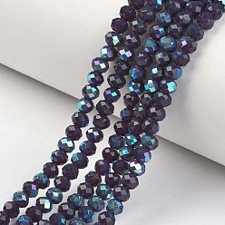 Indigo Electroplate Glass Beads Strands, Imitation Jade Beads, Half Plated, Rainbow Plated, Faceted, Rondelle, Indigo, 8x6mm, Hole: 1mm, about 65~68pcs/strand, 15.7~16.1 inch(40~41cm)