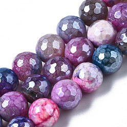 Camellia Natural Agate Beads Strands, Pearl Luster Plated, Faceted, Round, Camellia, 12mm, Hole: 1.6mm, about 32~34pcs/strand, 13.94~16.06 inch(35.4~40.8cm)
