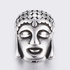 Plata Antigua 304 bolas de acero inoxidable, cabeza de Buda, plata antigua, 11.5x9x6.5 mm, agujero: 2 mm