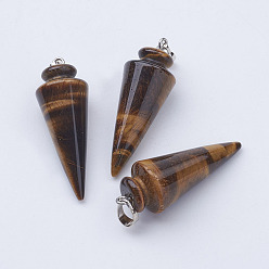 Tiger Eye Natural Tiger Eye Pendants, with Platinum Tone Brass Findings, Cone/Spike/Pendulum, 43~45x16mm, Hole: 5x7mm
