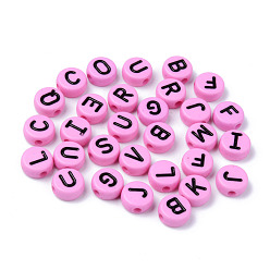Pearl Pink Opaque Acrylic Beads, Horizontal Hole, Flat Round with Black Random Letters, Pearl Pink, 10x4.5mm, Hole: 2mm, about 1600pcs/500g