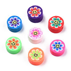 Mixed Color Handmade Polymer Clay Beads, Flat Round with Flower & Smiling Face, Mixed Color, 9.5x4.5mm, Hole: 1.5mm