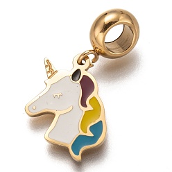 Colorful 304 Stainless Steel European Dangle Charms, Large Hole Pendants, with Enamel, Unicorn Shape, Golden, Colorful, 26mm, Hole: 4.5mm, Pendant: 17x12x1.5mm