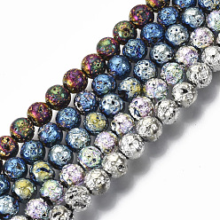 Mixed Color Electroplated Natural Lava Rock Beads Strands, Round, Bumpy, Mixed Color, 6.5mm, Hole: 1mm, about 60pcs/Strand, 14.96 inch(38cm)