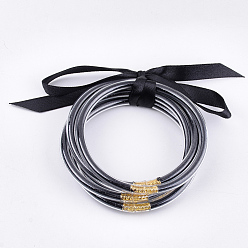 Negro Juegos de brazaletes budistas de plástico pvc, brazaletes de gelatina, con polvo de brillo y cinta de poliéster, negro, 2-1/2 pulgada (6.3 cm), 5 PC / sistema