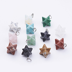 Mixed Stone Natural & Synthetic Mixed Stone Pendants, with 201 Stainless Steel Split Rings, Stainless Steel Color, Merkaba Star, 22~23x16.5~17x19mm, Hole: 6mm