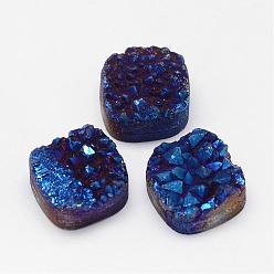 со Синим Покрытием Гальванические натуральный druzy кварцевые шарики, квадратный, с покрытием синим, 14~15x14~15x8~9 мм, отверстие : 1.5 мм