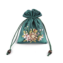 Teal Flower Pattern Satin Jewelry Packing Pouches, Drawstring Gift Bags, Rectangle, Teal, 14x10.5cm