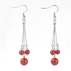 Carnelian Natural Carnelian Dangle Earrings, with 304 Stainless Steel Earring Hooks and Iron Eye Pins, Round, 77~78mm, Pendant: 57~58mm, Pin: 0.6mm