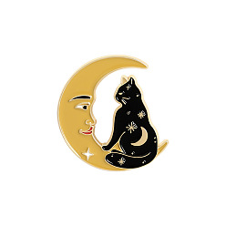 Goldenrod Cat with Moon Enamel Pin, Light Gold Plated Alloy Badge for Backpack Clothes, Goldenrod, 30x25mm