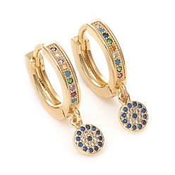 Golden Brass Micro Pave Cubic Zirconia Huggie Hoop Earrings, Long-Lasting Plated, Flat Round, Colorful, Golden, 24mm, Pin: 1mm