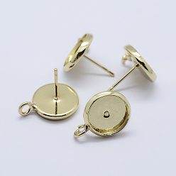 Golden Brass Stud Earring Settings, with Loop, Flat Round, Golden, Tray: 10mm, 16x12mm, Hole: 2mm, Pin: 0.8mm