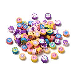 Musical Note Handmade Polymer Clay Beads, Flat Round, Musical Note Pattern, 9~9.5x4~5mm, Hole: 1.6mm