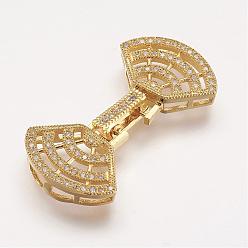 Golden Brass Micro Pave Cubic Zirconia Fold Over Clasps, Fan, Golden, 37x19x5mm, Hole: 2mm