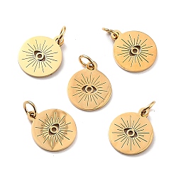 Golden 201 Stainless Steel Charms, with Jump ring, Flat Round with Evil Eye, Golden, 14x12x1mm, Hole: 3mm, Jump Ring: 5x1mm