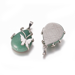 Green Aventurine Natural Green Aventurine Pendants, with Enamel and Brass Findings, teardrop, with Butterfly, Platinum, 30x23.5x12mm, Hole: 10x6mm