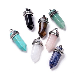 Mixed Stone Gemstone Big Pendants, with Antique Silver Plated Alloy Findings, Cone, 53x21x21mm, Hole: 5mm