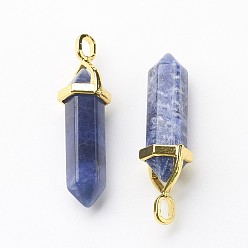 Sodalite Natural Sodalite Double Terminated Pointed Pendants, with Random Alloy Pendant Hexagon Bead Cap Bails, Golden, Bullet, 37~40x12.5x10mm, Hole: 3x4.5mm