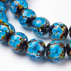 Dodger Blue Handmade Inner Flower Lampwork Beads Strands, Round, Dodger Blue, 12mm, Hole: 2mm, 30pcs/strand, 12.3 inch