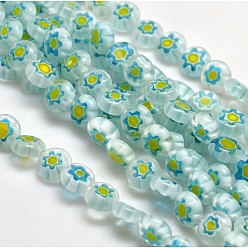 Cian Claro Vidrio millefiori artesanal planas hebras de perlas redondas, diseño de una sola flor, cian claro, 8x4 mm, agujero: 1 mm, sobre 53 unidades / cadena, 14.7 pulgada