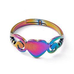 Rainbow Color Ion Plating(IP) 201 Stainless Steel Heart Adjustable Ring for Women, Rainbow Color, US Size 6 1/4(16.7mm)
