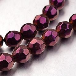 Purple Plated Electroplate Non-magnetic Synthetic Hematite Bead Strands, Faceted, Round, Purple Plated, 8x8mm, Hole: 1mm, about 49pcs/strand, 15.7 inch