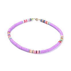 Purple Handmade Polymer Clay Heishi Beaded Necklaces, with Brass Spacer Beads and 304 Stainless Steel Findings, Purple, 15.9~16.1 inch(40.5~41cm)