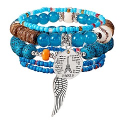 Sky Blue 5Pcs 5 Style Wood & Glass Seed & Acrylic Beaded Stretch Bracelets Set with Baseball, Bohemian Stackable Bracelets with Alloy Wings & Pairs Charm for Women, Sky Blue, 7-1/8 inch(18cm), 1Pc/style