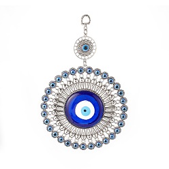 Antique Silver Tibetan Style Alloy Pendant Decorations, with Handmade Lampwork & Resin Evil Eye Cabochons, Flower, Antique Silver, 225mm, Hole: 14x10mm